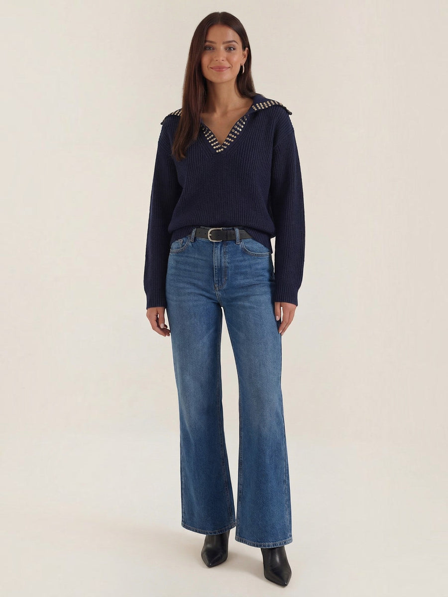 Darlene Studded Collar Wool Sweater