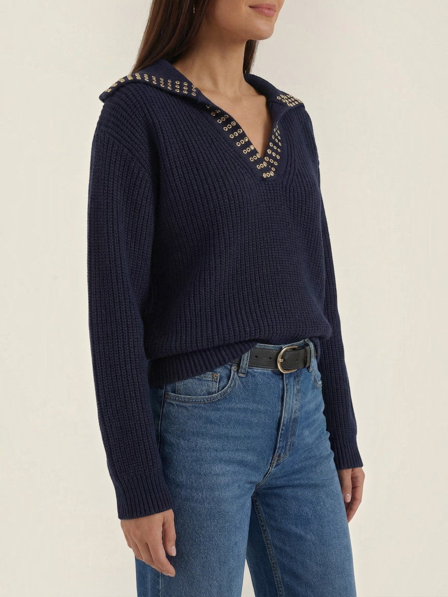 Darlene Studded Collar Wool Sweater