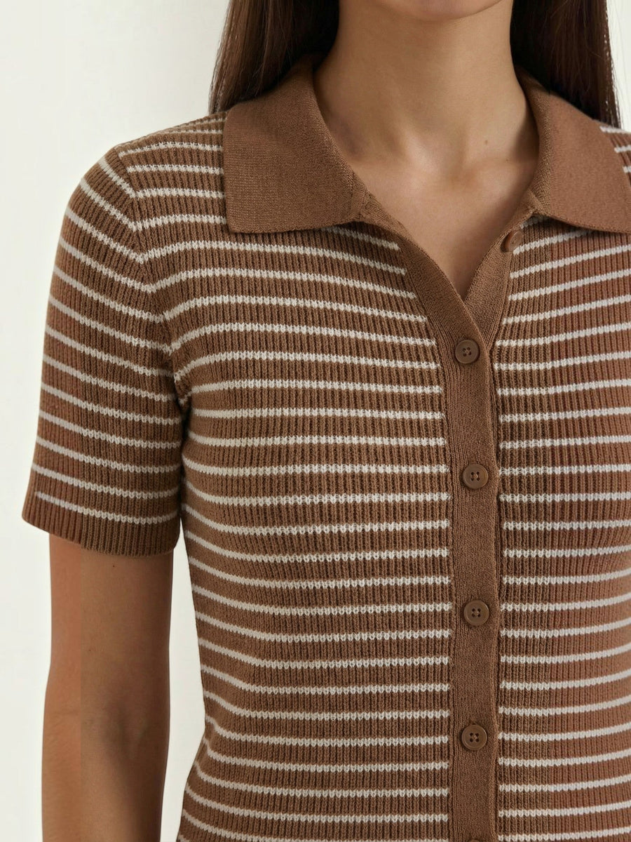 Edith Striped Knit Polo Top
