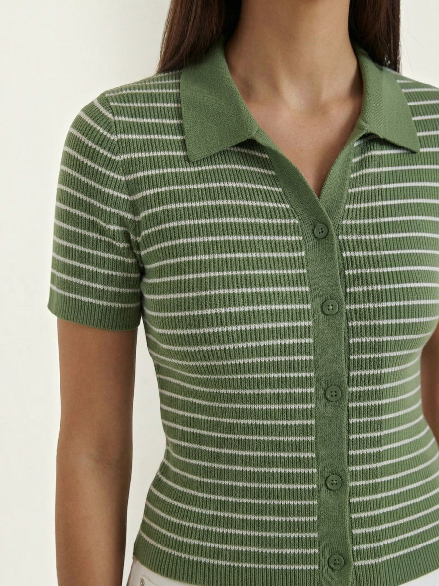 Edith Striped Knit Polo Top