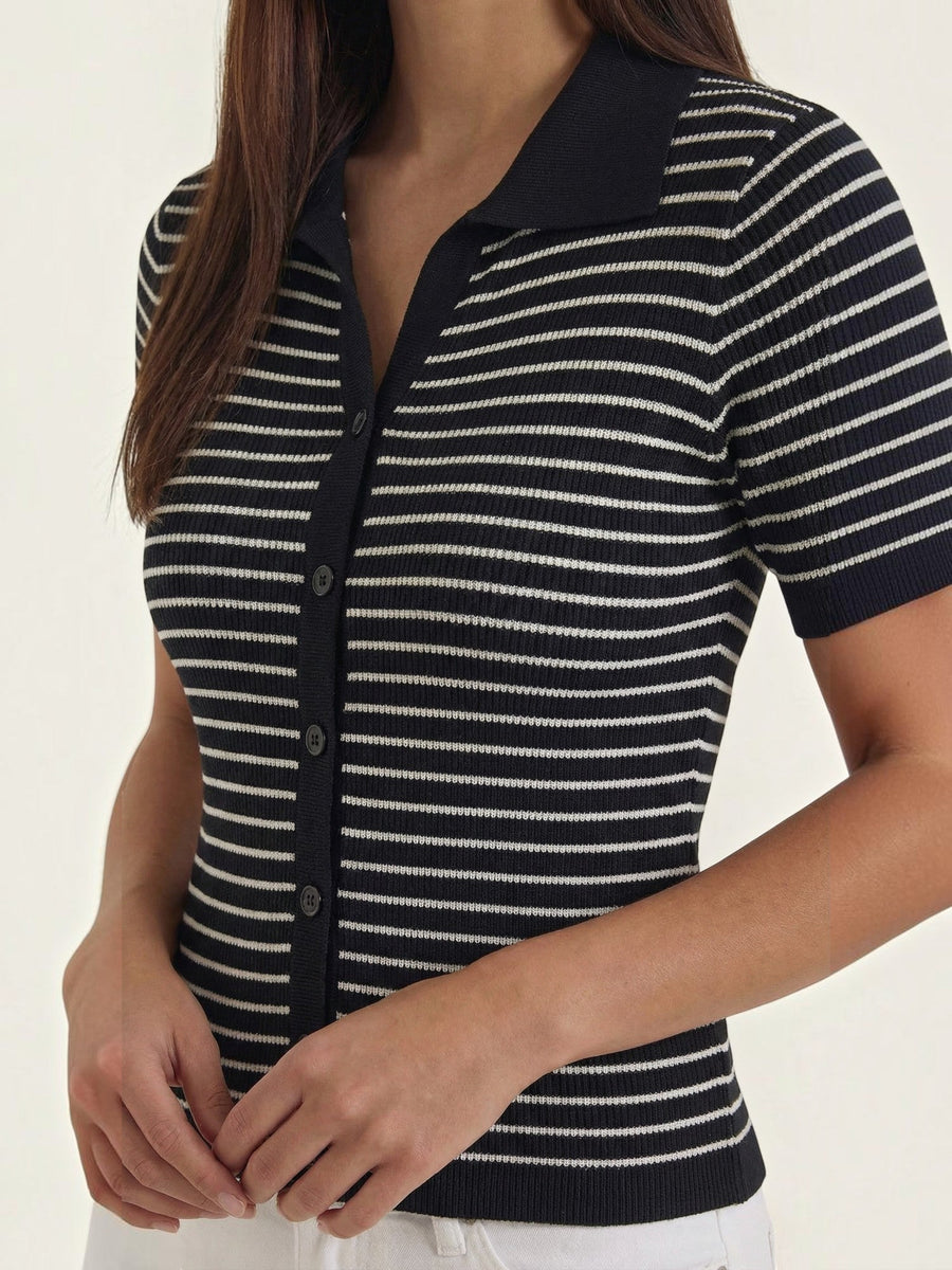 Edith Striped Knit Polo Top