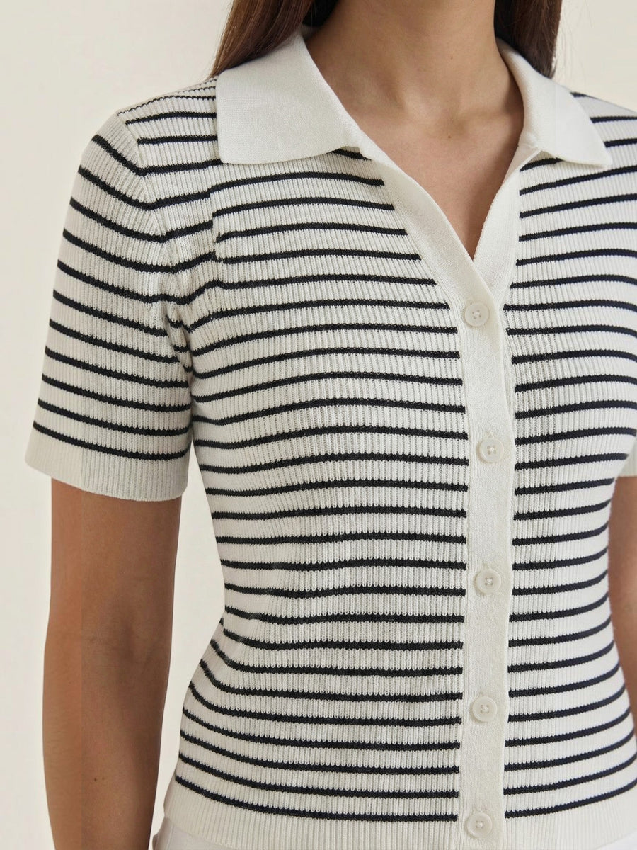 Edith Striped Knit Polo Top