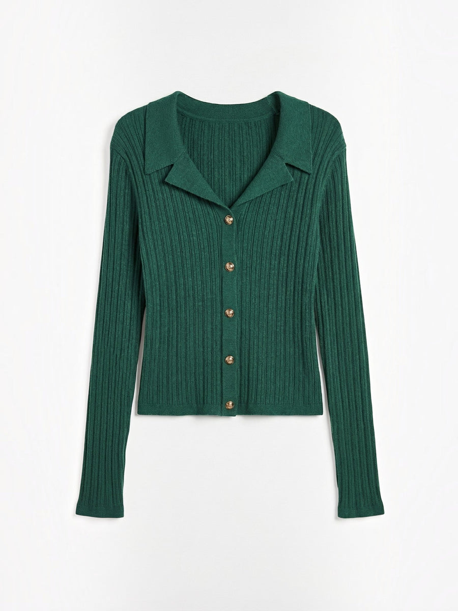 Elaine Polo Collar Gold Button Ribbed Cardigan