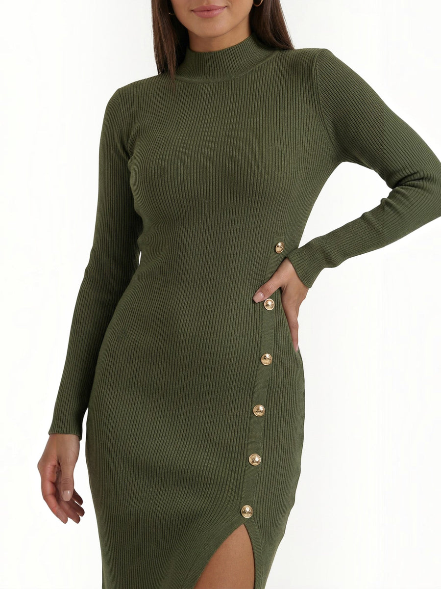 Erin Ribbed Knit Gold Button Midi Dress