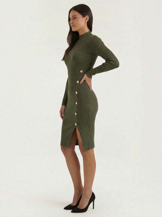 Erin Ribbed Knit Gold Button Midi Dress