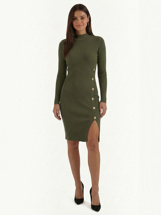 Erin Ribbed Knit Gold Button Midi Dress