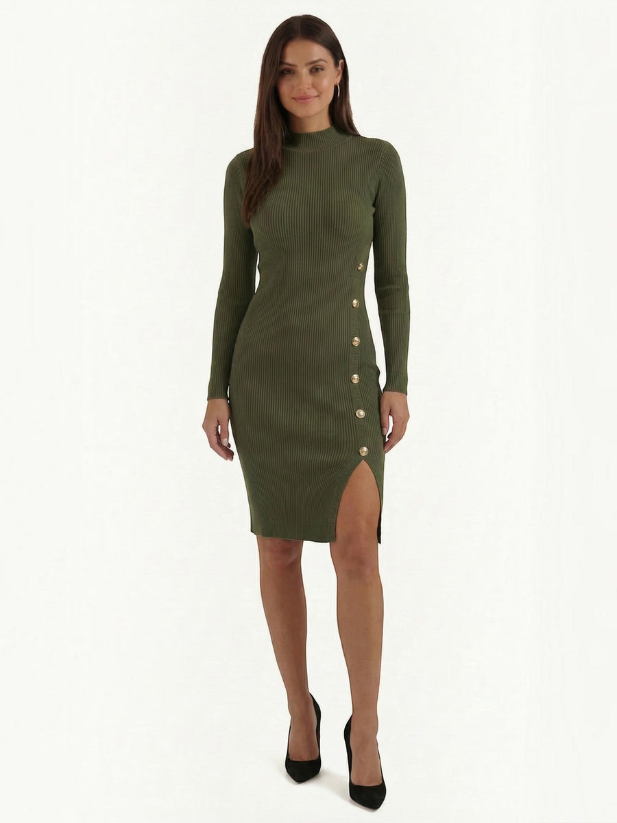 Erin Ribbed Knit Gold Button Midi Dress