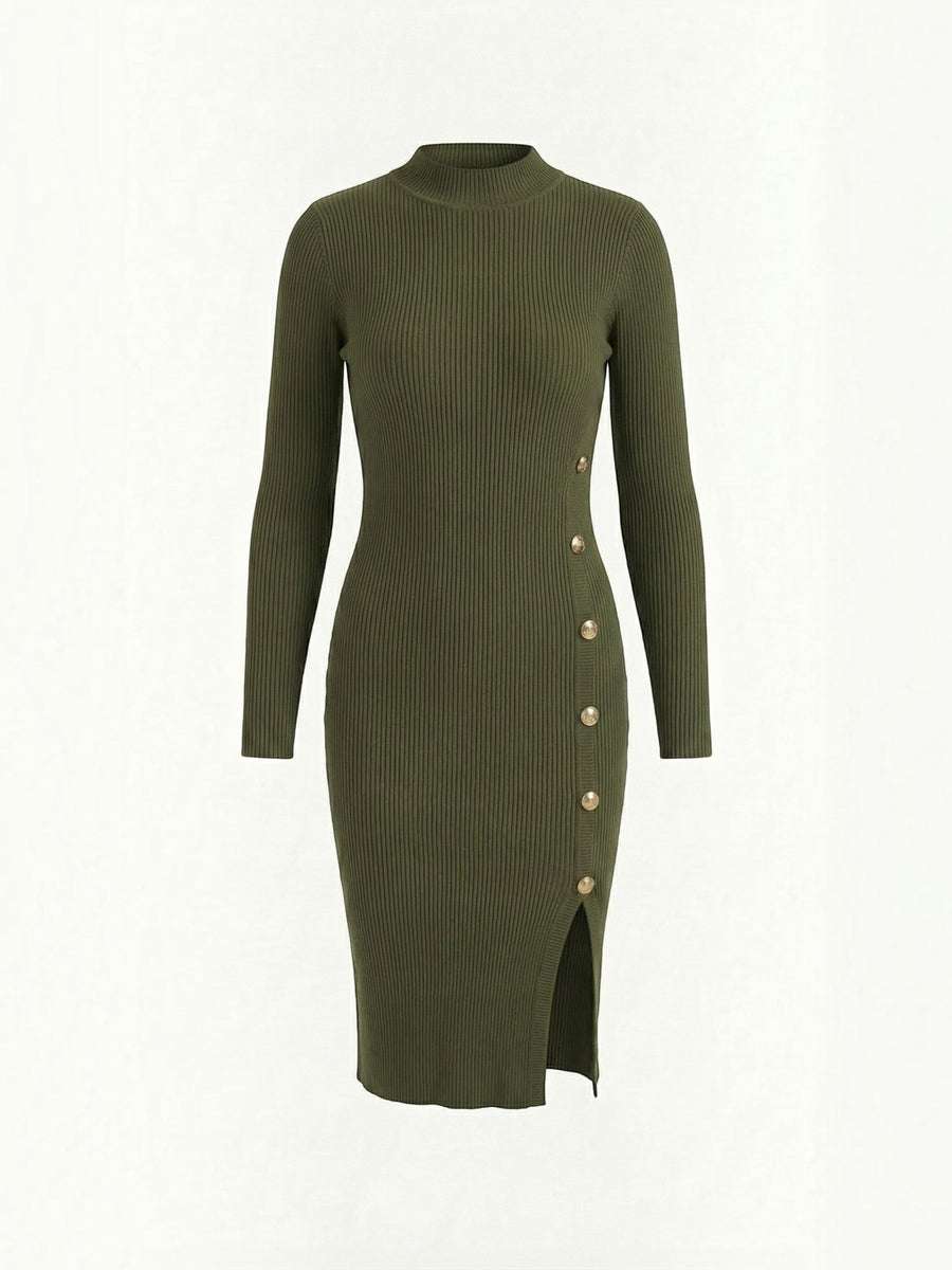 Erin Ribbed Knit Gold Button Midi Dress