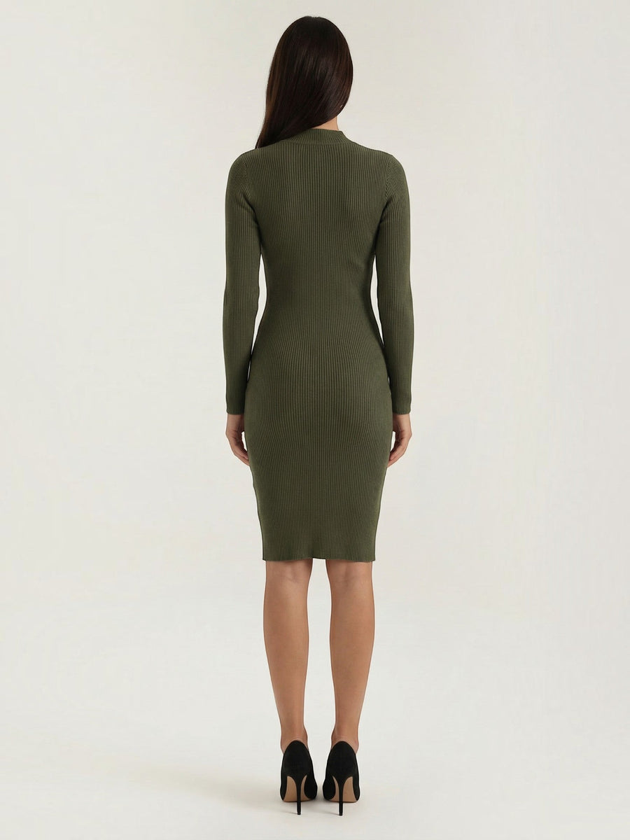 Erin Ribbed Knit Gold Button Midi Dress