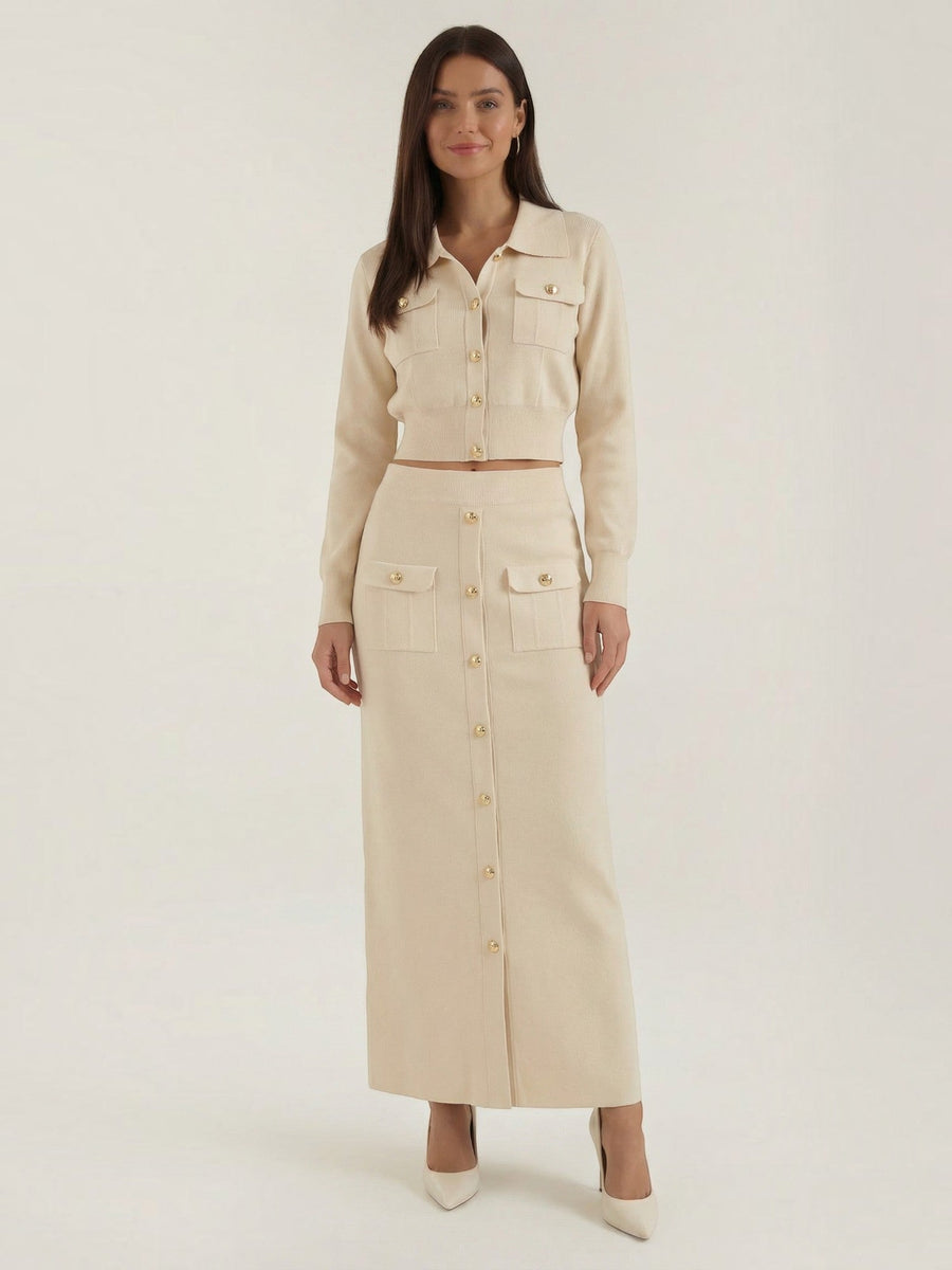 Evelyn Polo Collar Knit Jacket and Maxi Skirt Set