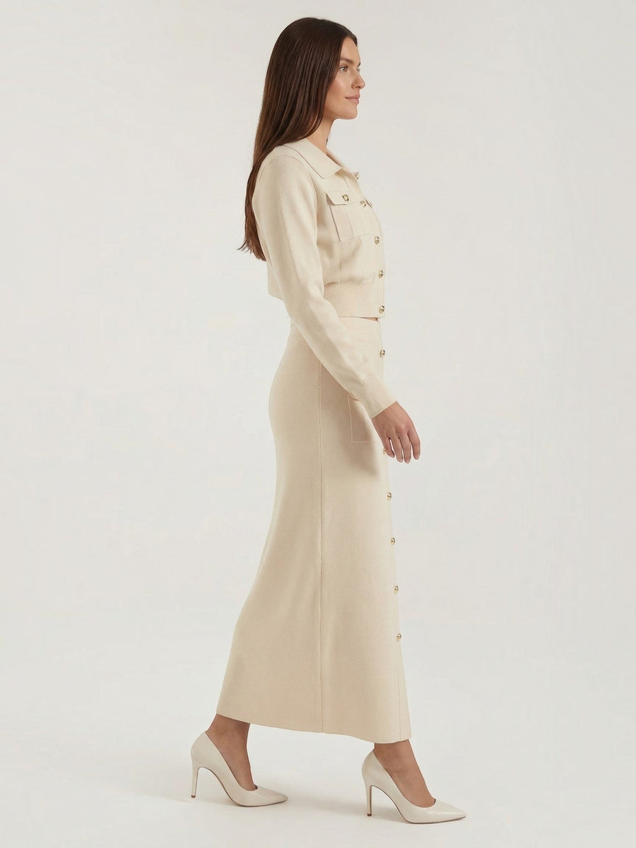 Evelyn Polo Collar Knit Jacket and Maxi Skirt Set