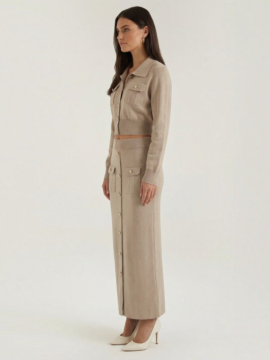Evelyn Polo Collar Knit Jacket and Maxi Skirt Set