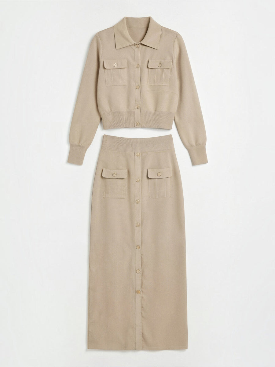 Evelyn Polo Collar Knit Jacket and Maxi Skirt Set