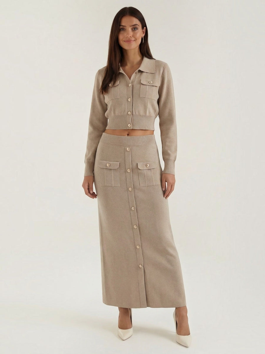 Evelyn Polo Collar Knit Jacket and Maxi Skirt Set