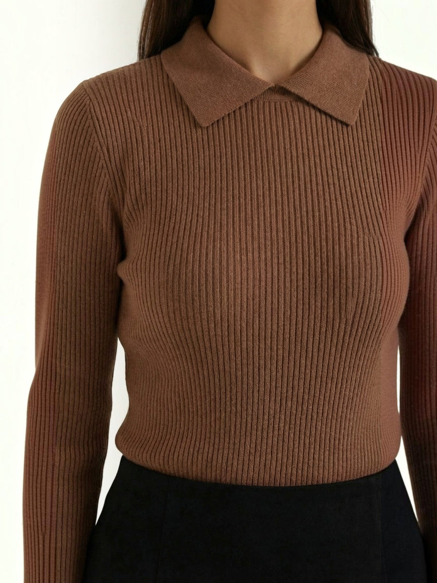 Gail Ribbed Wool Polo Collar Sweater
