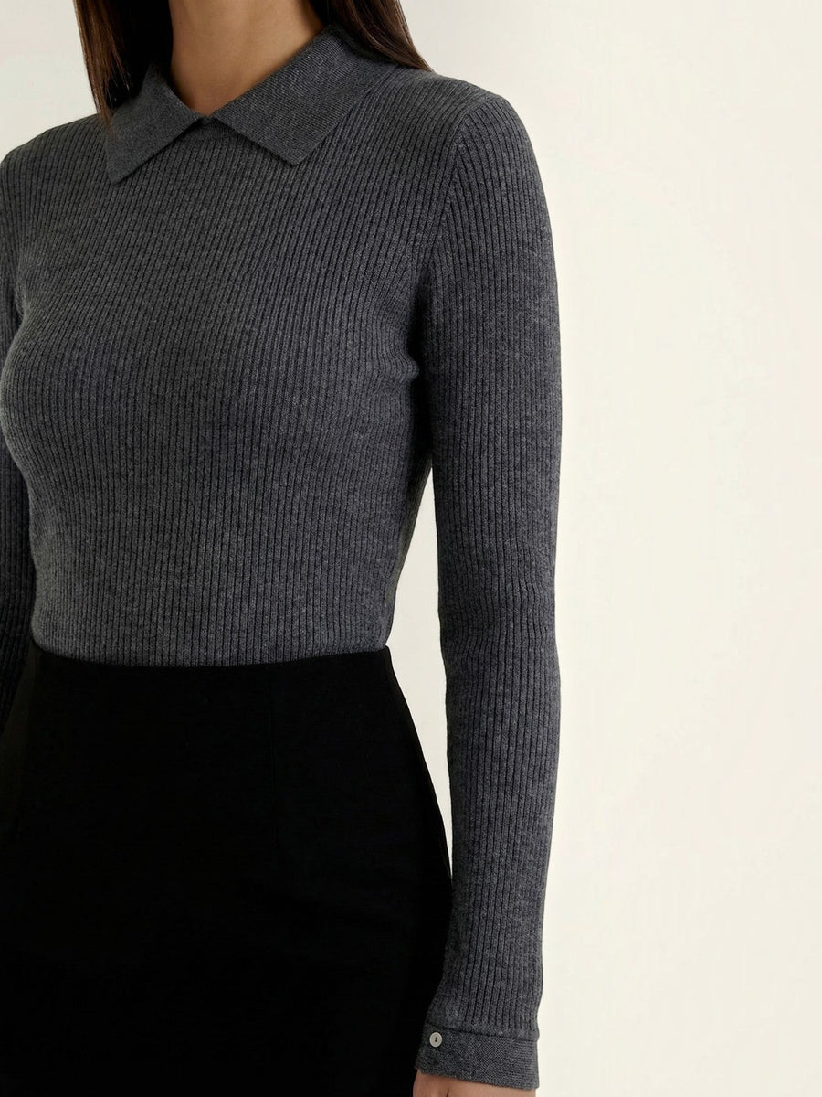 Gail Ribbed Wool Polo Collar Sweater