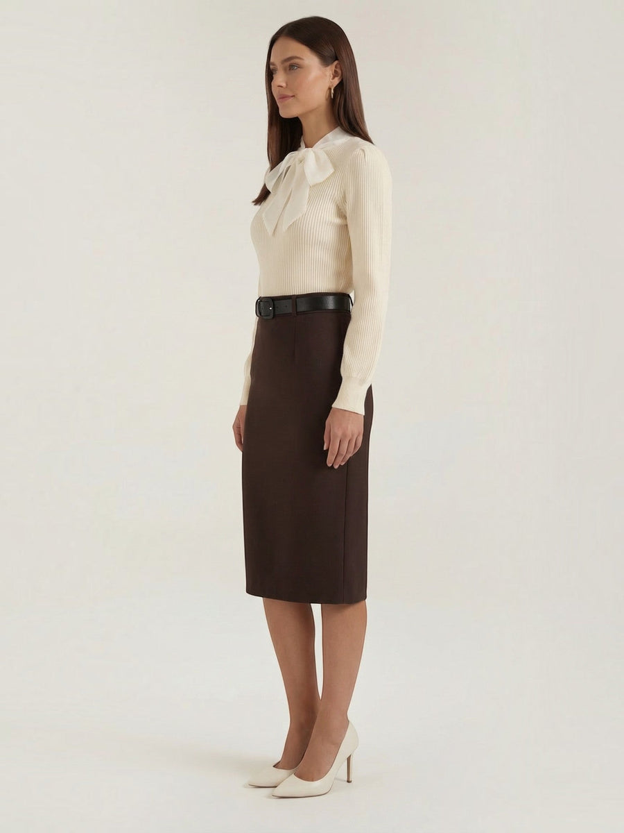 Jacqueline Ribbed Knit Sweater with Removable Bow