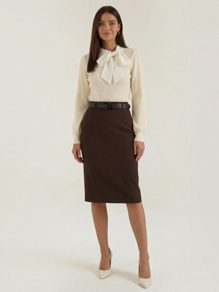 Jacqueline Ribbed Knit Sweater with Removable Bow