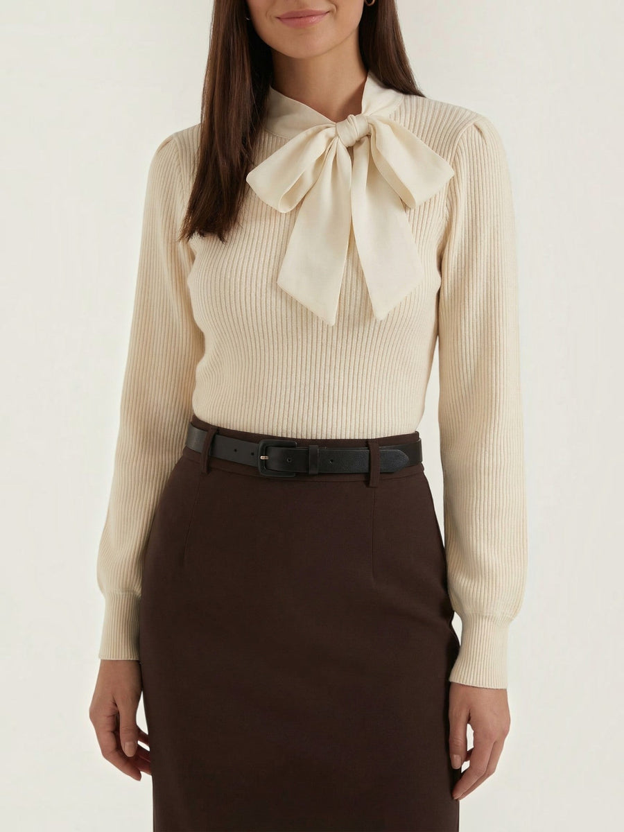 Jacqueline Ribbed Knit Sweater with Removable Bow