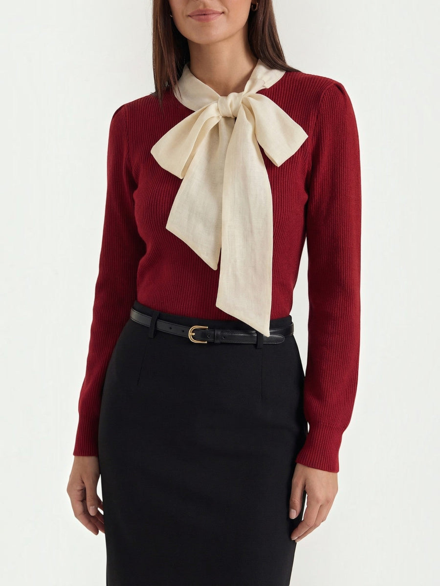 Jacqueline Ribbed Knit Sweater with Removable Bow