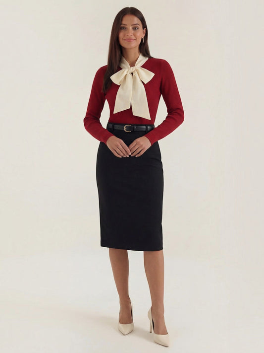 Jacqueline Ribbed Knit Sweater with Removable Bow