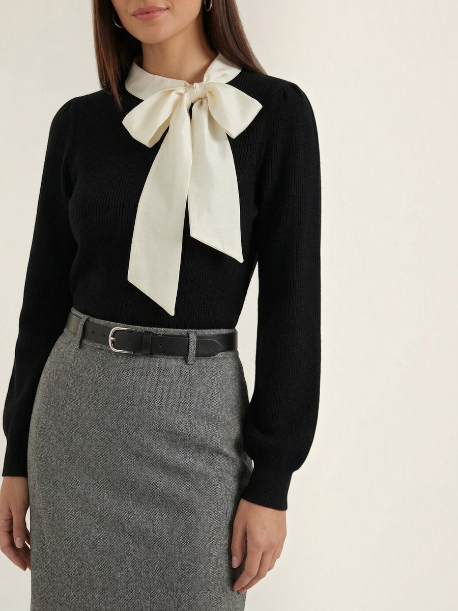 Jacqueline Ribbed Knit Sweater with Removable Bow