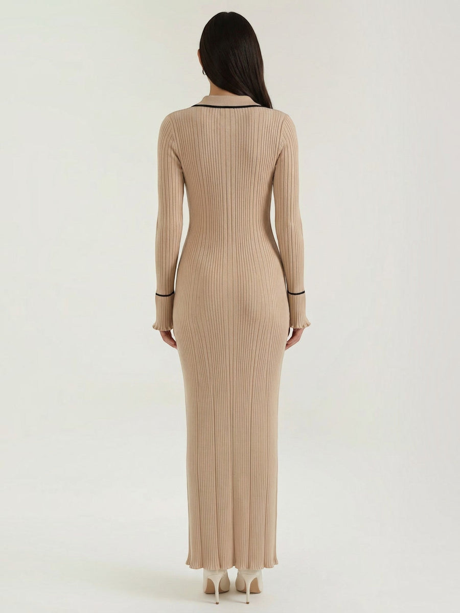 Josephine Polo Collar Ribbed Knit Maxi Dress