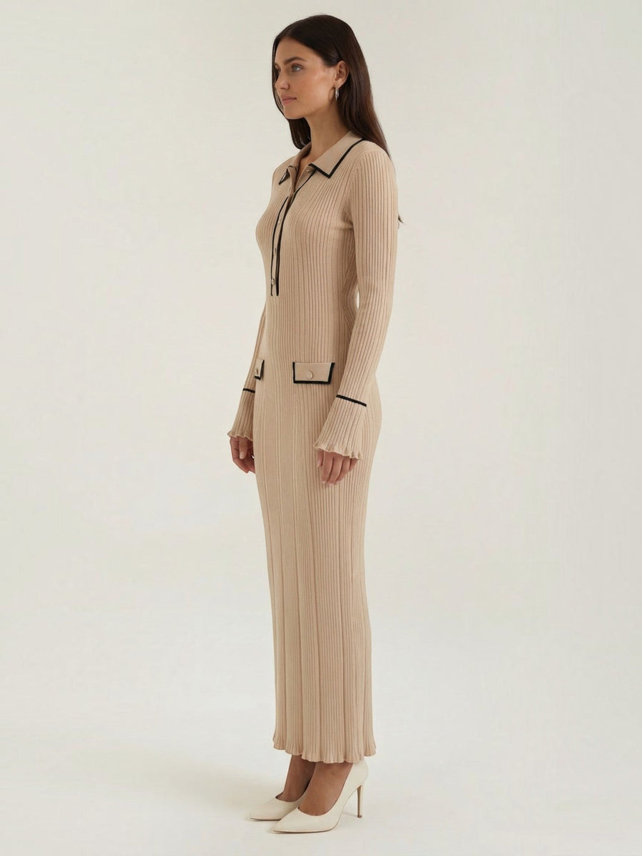 Josephine Polo Collar Ribbed Knit Maxi Dress