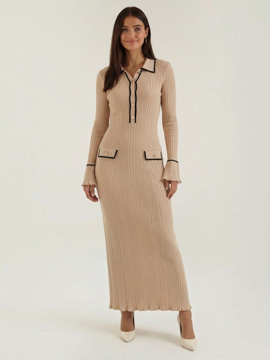 Josephine Polo Collar Ribbed Knit Maxi Dress