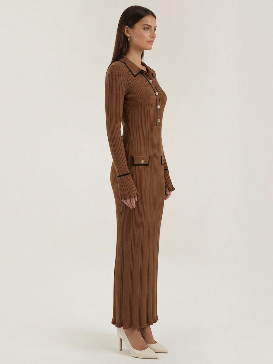 Josephine Polo Collar Ribbed Knit Maxi Dress
