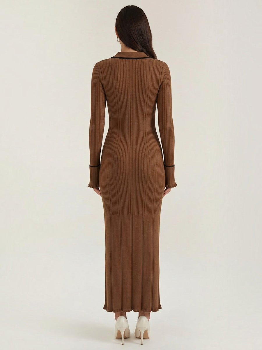 Josephine Polo Collar Ribbed Knit Maxi Dress