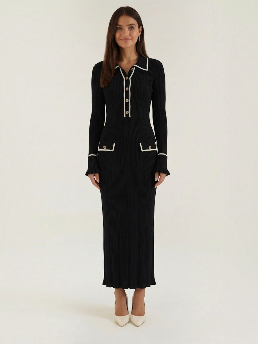 Josephine Polo Collar Ribbed Knit Maxi Dress