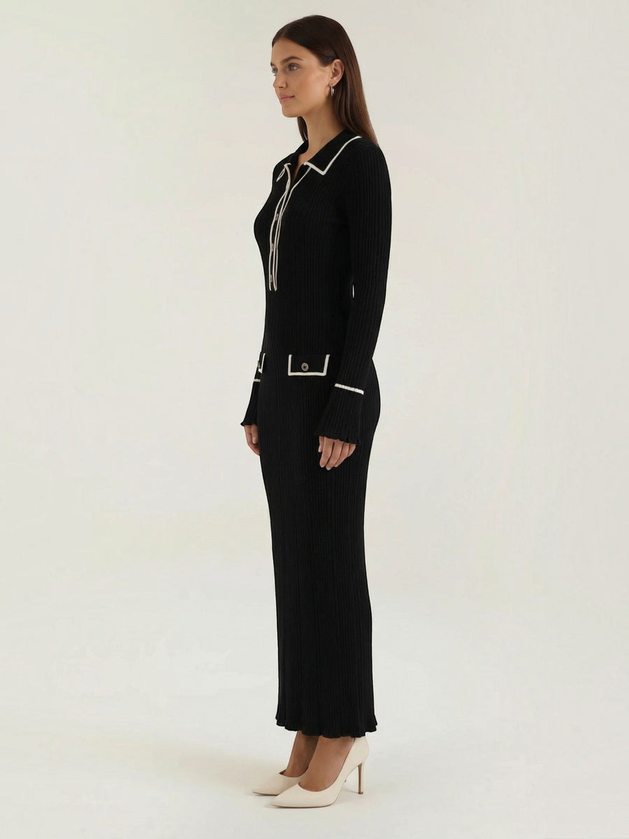 Josephine Polo Collar Ribbed Knit Maxi Dress