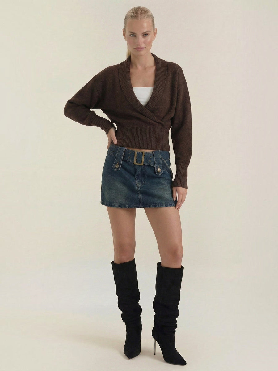 Lynda Wrap Front Cropped Knit Sweater