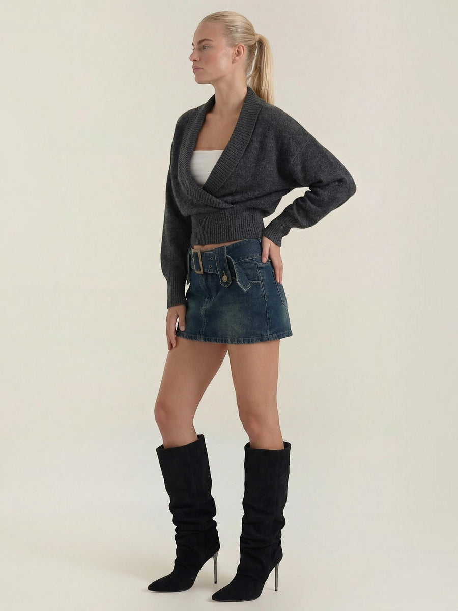 Lynda Wrap Front Cropped Knit Sweater