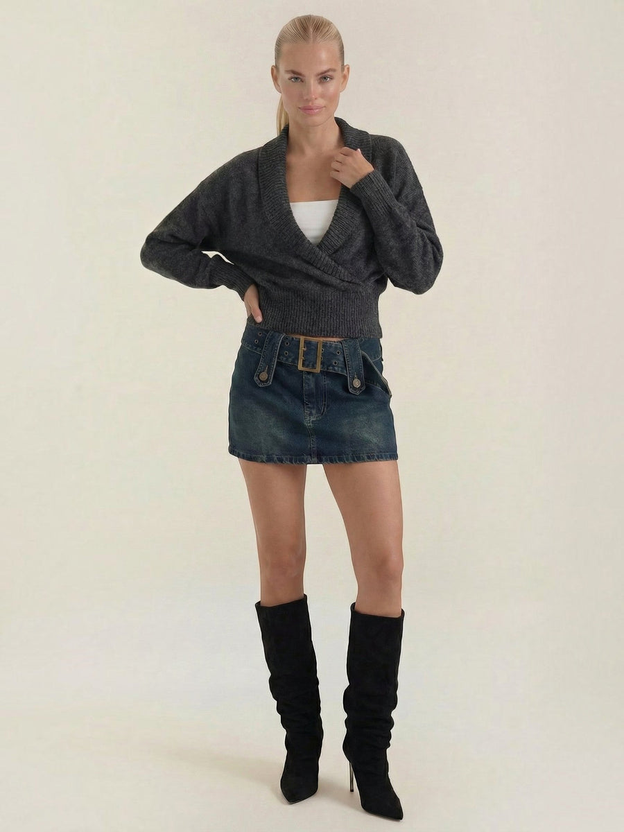 Lynda Wrap Front Cropped Knit Sweater