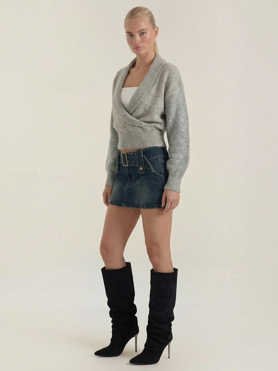 Lynda Wrap Front Cropped Knit Sweater