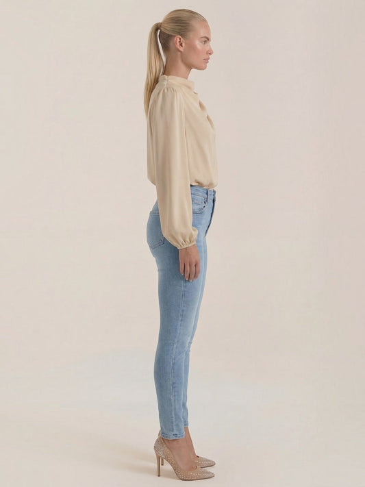 Marcia Draped Stand Collar Puff Sleeve Blouse