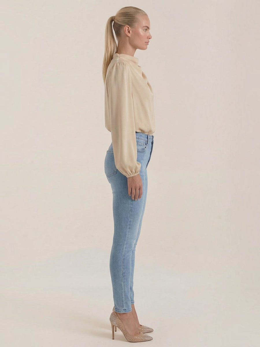 Marcia Draped Stand Collar Puff Sleeve Blouse