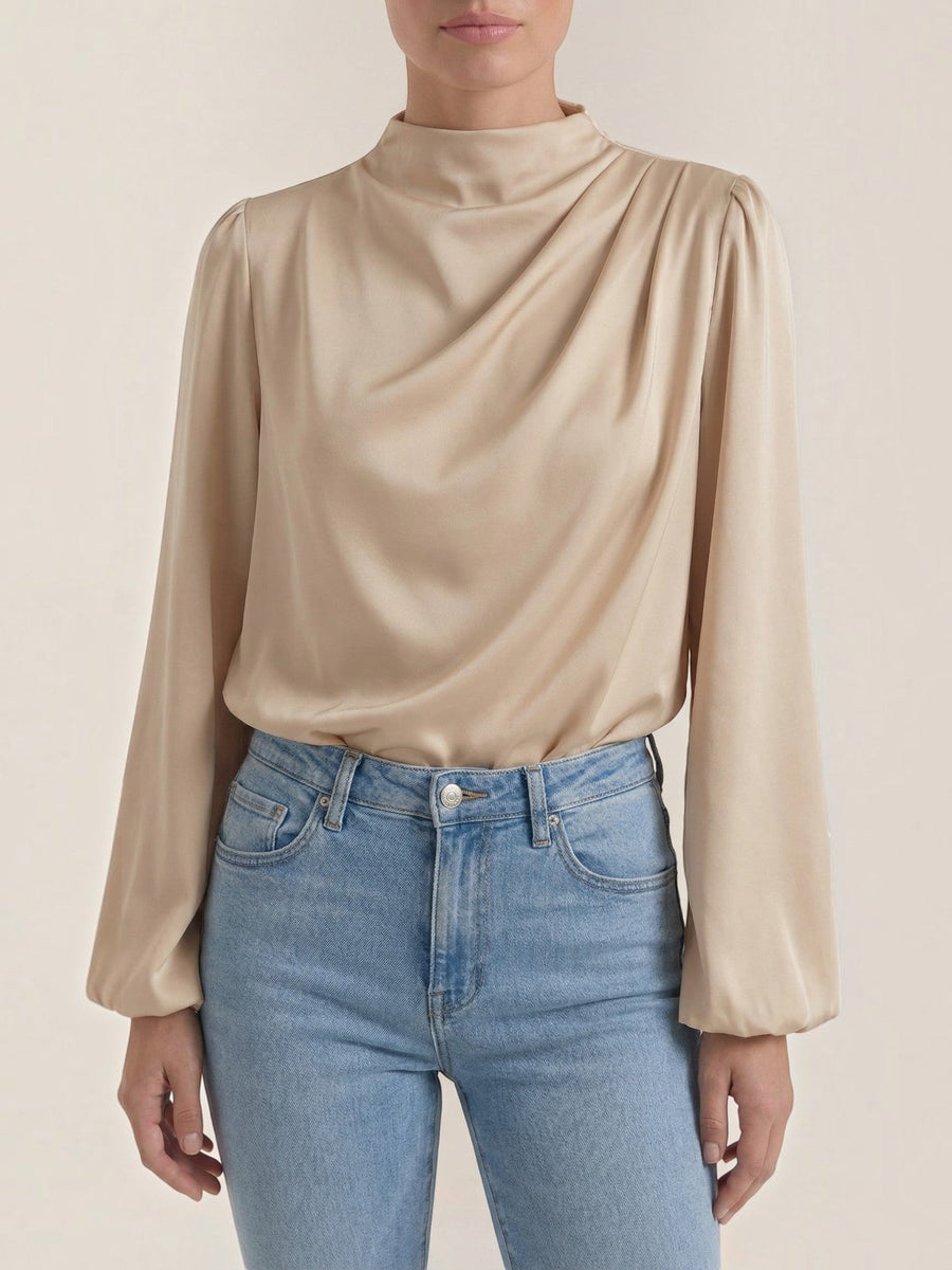 Marcia Draped Stand Collar Puff Sleeve Blouse