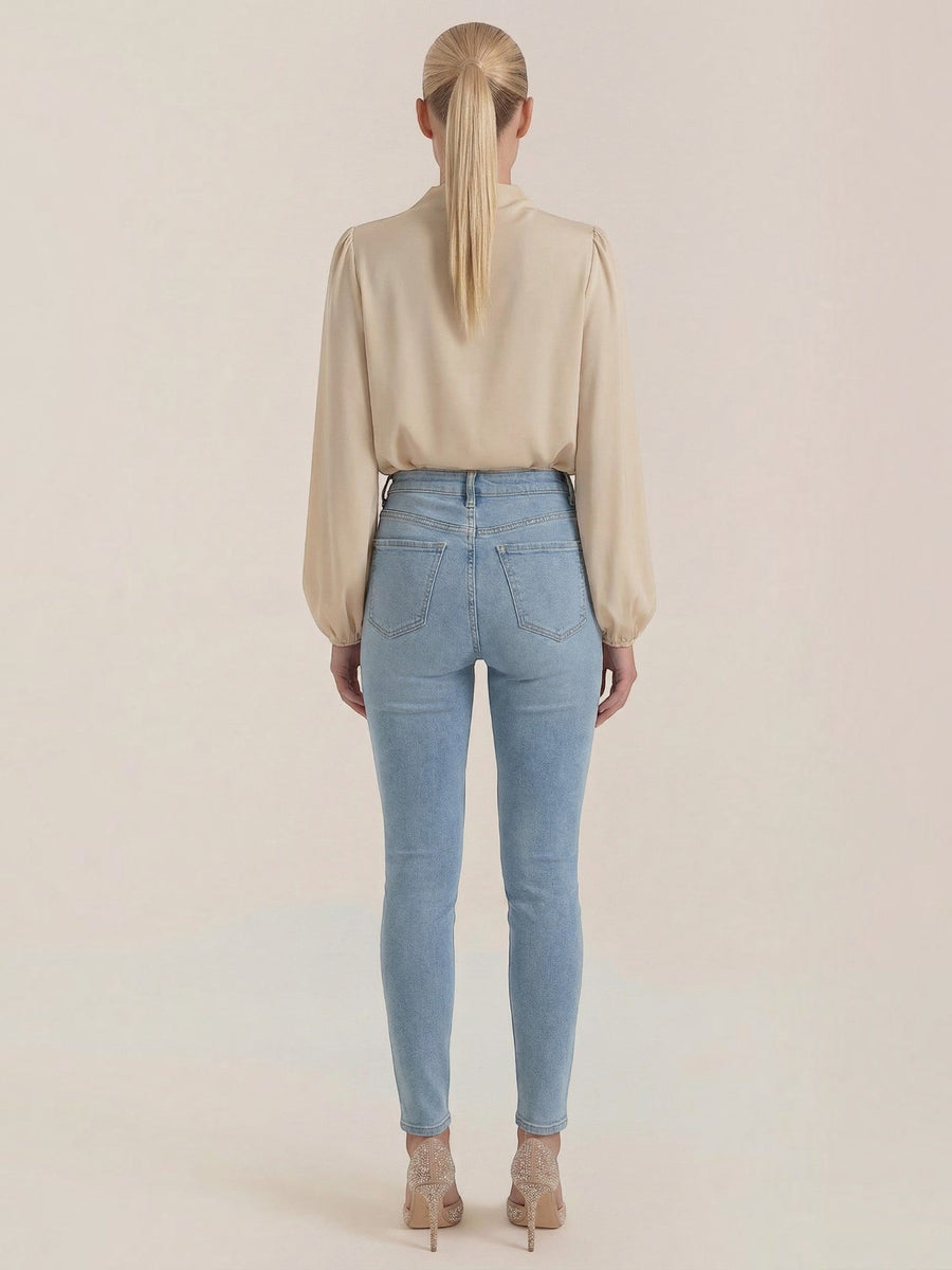 Marcia Draped Stand Collar Puff Sleeve Blouse