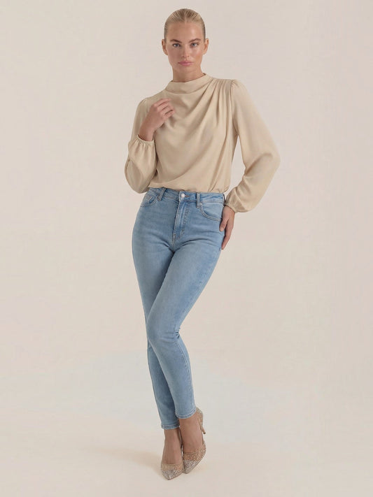 Marcia Draped Stand Collar Puff Sleeve Blouse