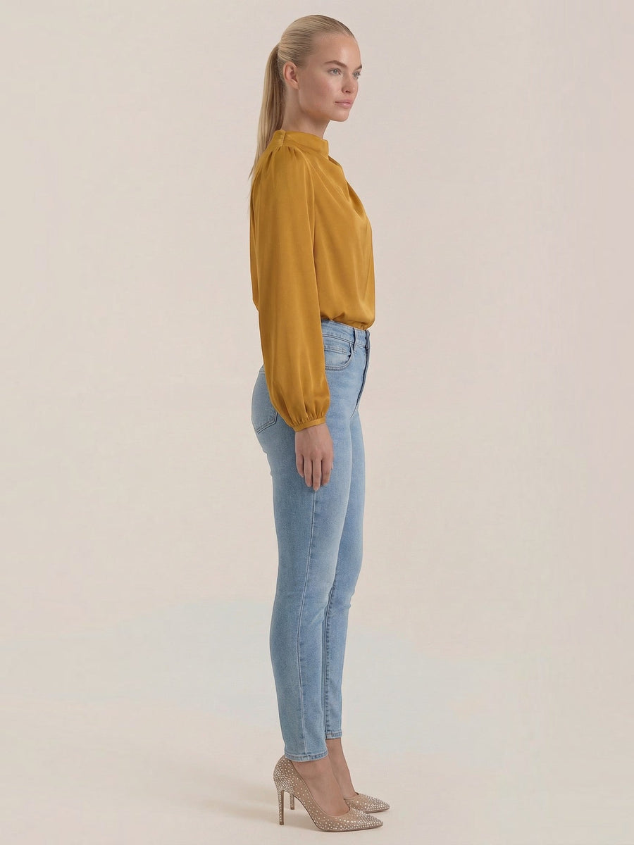 Marcia Draped Stand Collar Puff Sleeve Blouse