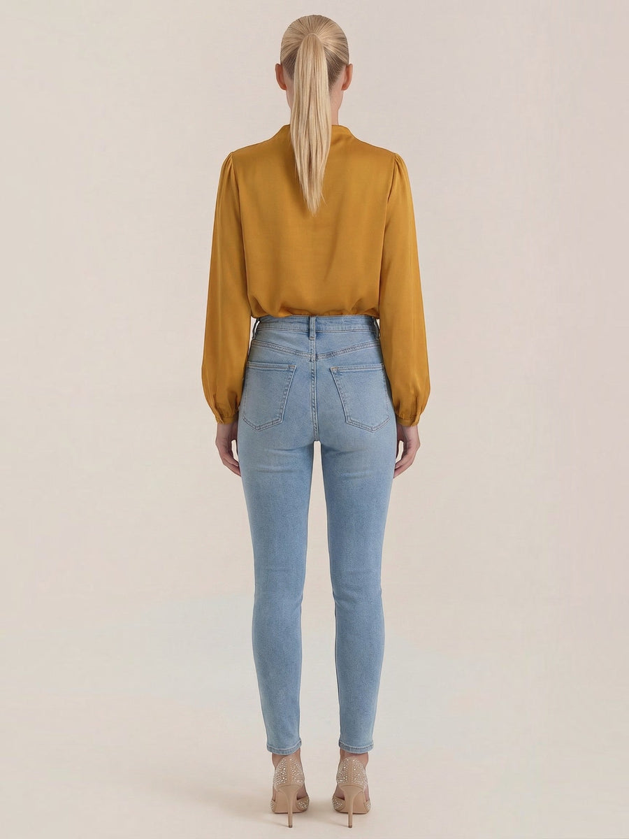 Marcia Draped Stand Collar Puff Sleeve Blouse