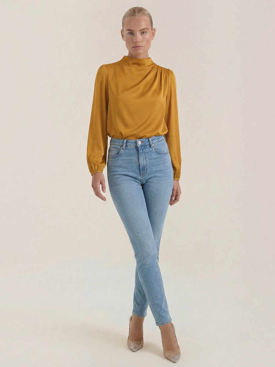 Marcia Draped Stand Collar Puff Sleeve Blouse