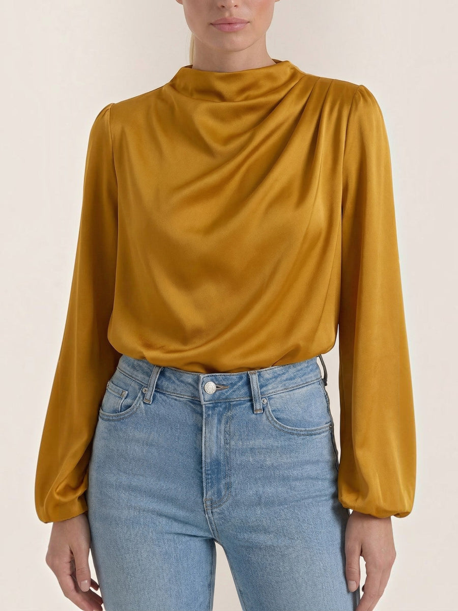 Marcia Draped Stand Collar Puff Sleeve Blouse
