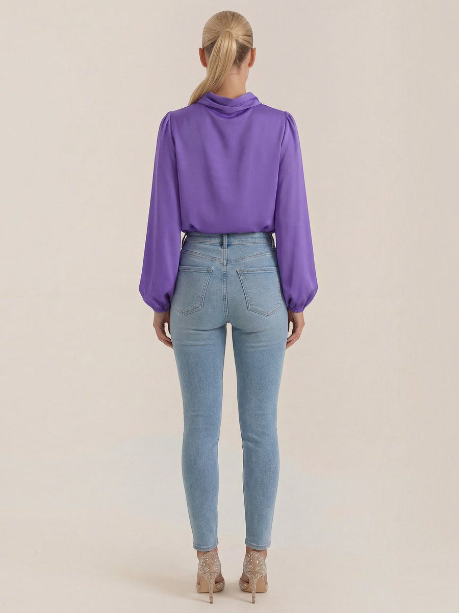 Marcia Draped Stand Collar Puff Sleeve Blouse