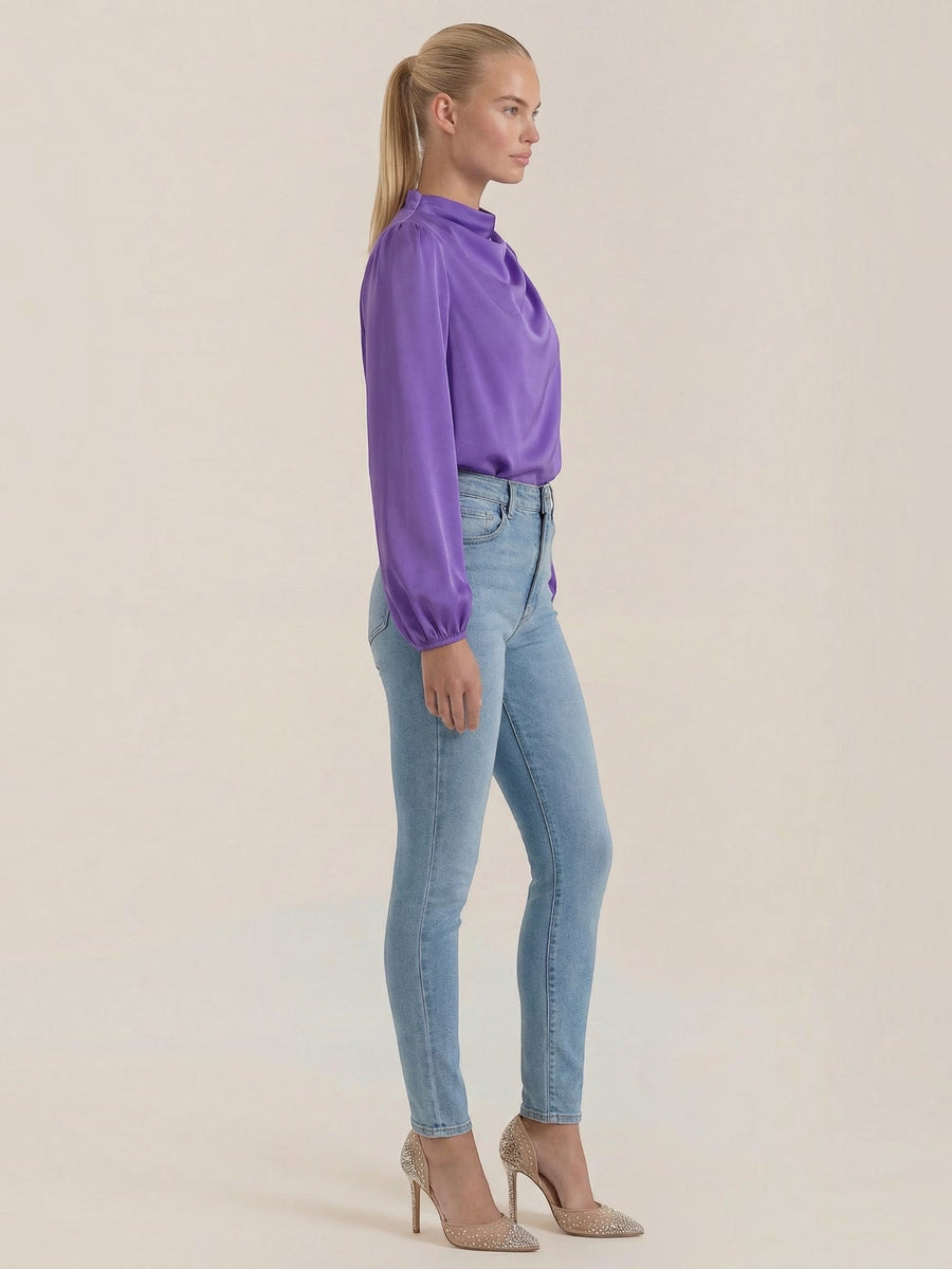 Marcia Draped Stand Collar Puff Sleeve Blouse