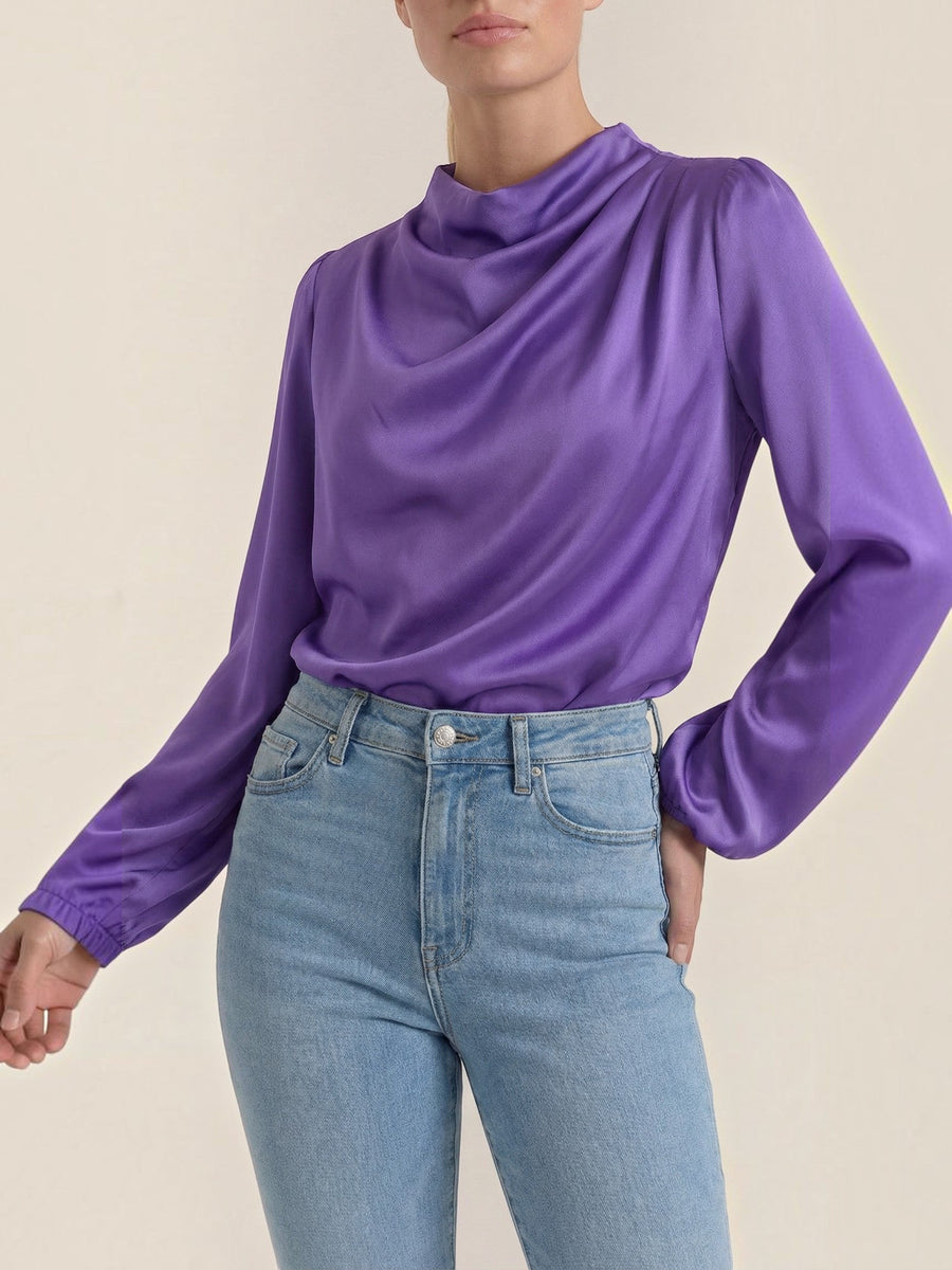Marcia Draped Stand Collar Puff Sleeve Blouse