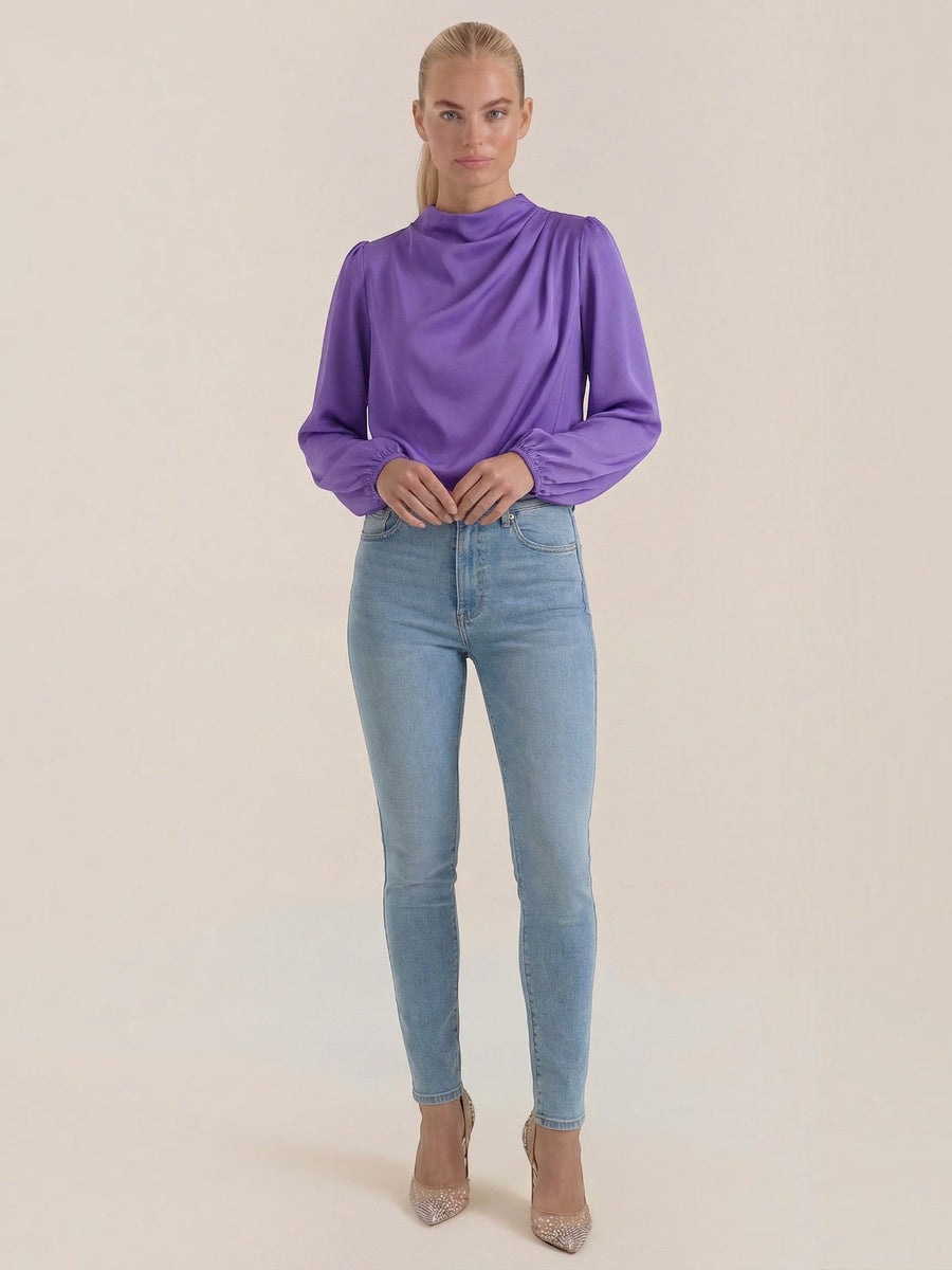 Marcia Draped Stand Collar Puff Sleeve Blouse